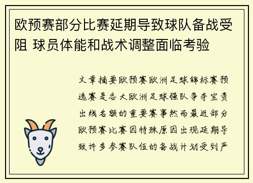 欧预赛部分比赛延期导致球队备战受阻 球员体能和战术调整面临考验