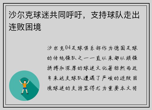 沙尔克球迷共同呼吁，支持球队走出连败困境
