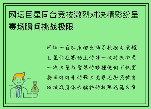 网坛巨星同台竞技激烈对决精彩纷呈赛场瞬间挑战极限